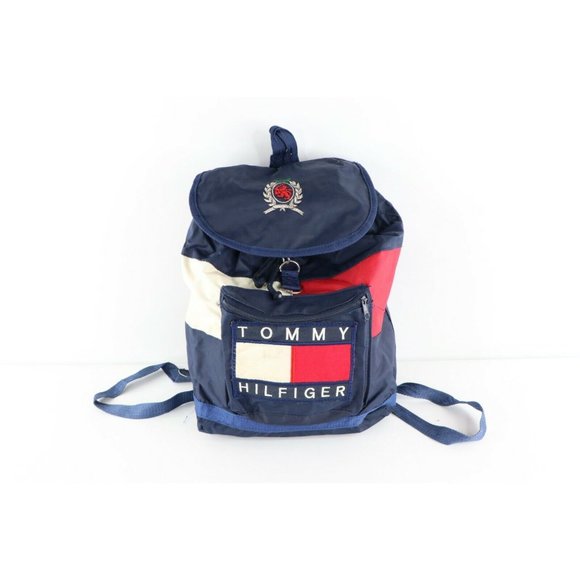 Vintage 90s Tommy Hilfiger Distressed Big Logo Spell Out Backpack Book Bag Blue